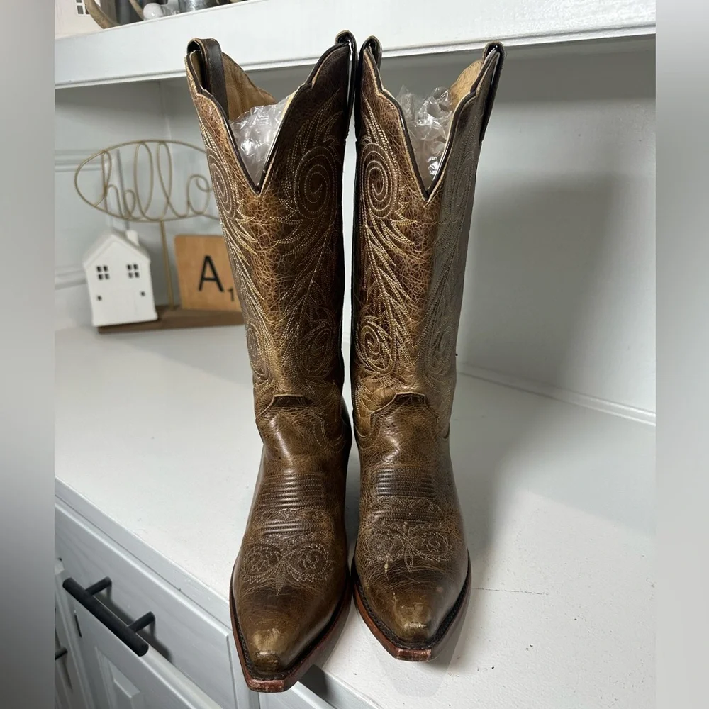 Justin Western Boots Womens 7.5B Brown Leather Cowboy Boots Embroidered Classic - Picture 2 of 8